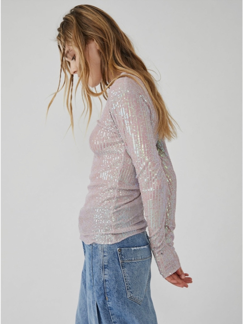 Free People Iridescent Sequin Ribbed Long-Sleeve Top - Light Pink - Picture 2 of 6